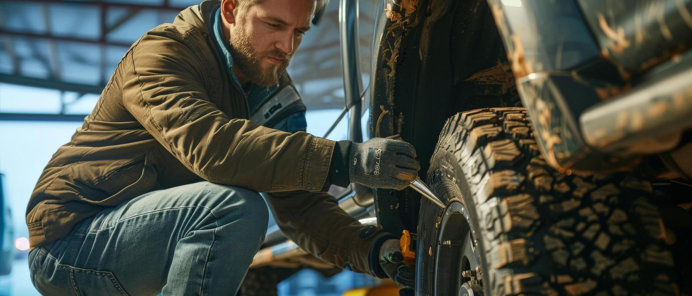 A man is changing a tire on his car. photo