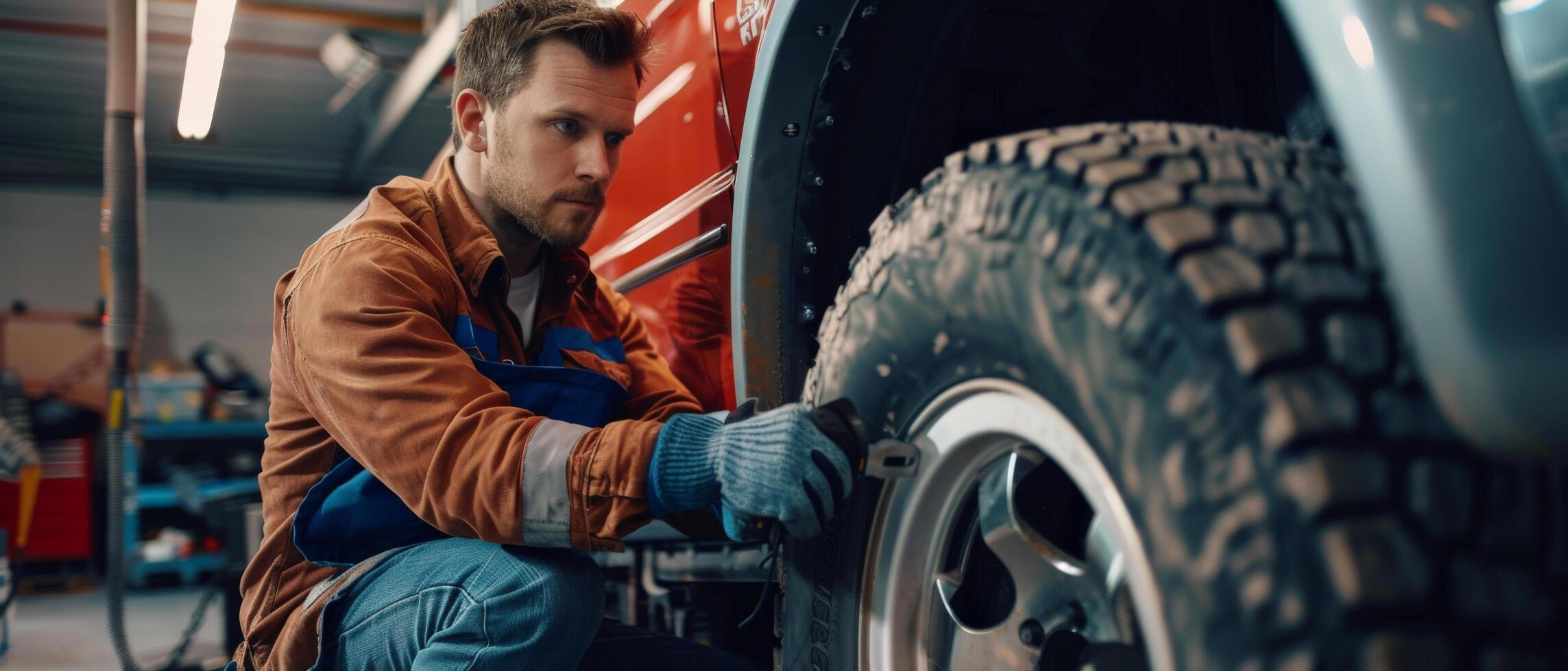 A mechanic is installing a new tire on a vehicle. photo