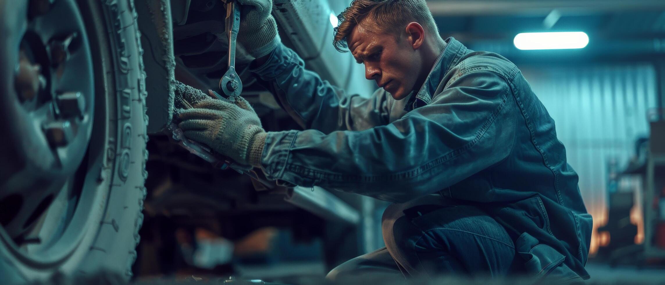 Auto mechanic changing a tire with a wrench. photo