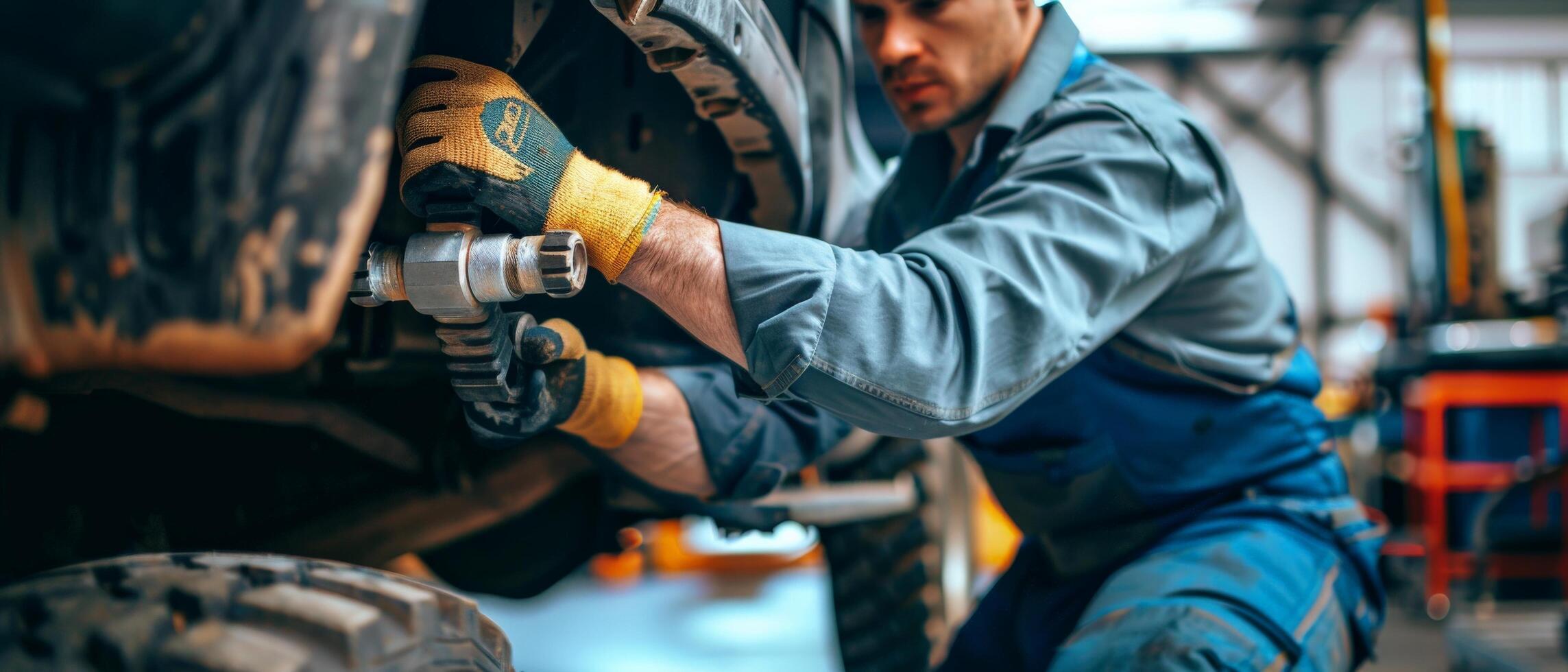 Auto mechanic in uniform changing car tire with wrench photo