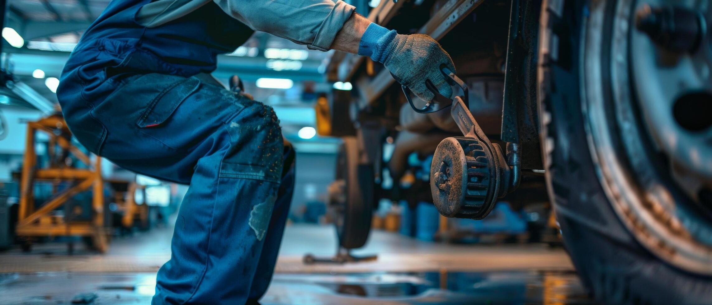 Auto mechanic in blue uniform changing car tire with wrench in auto repair shop photo