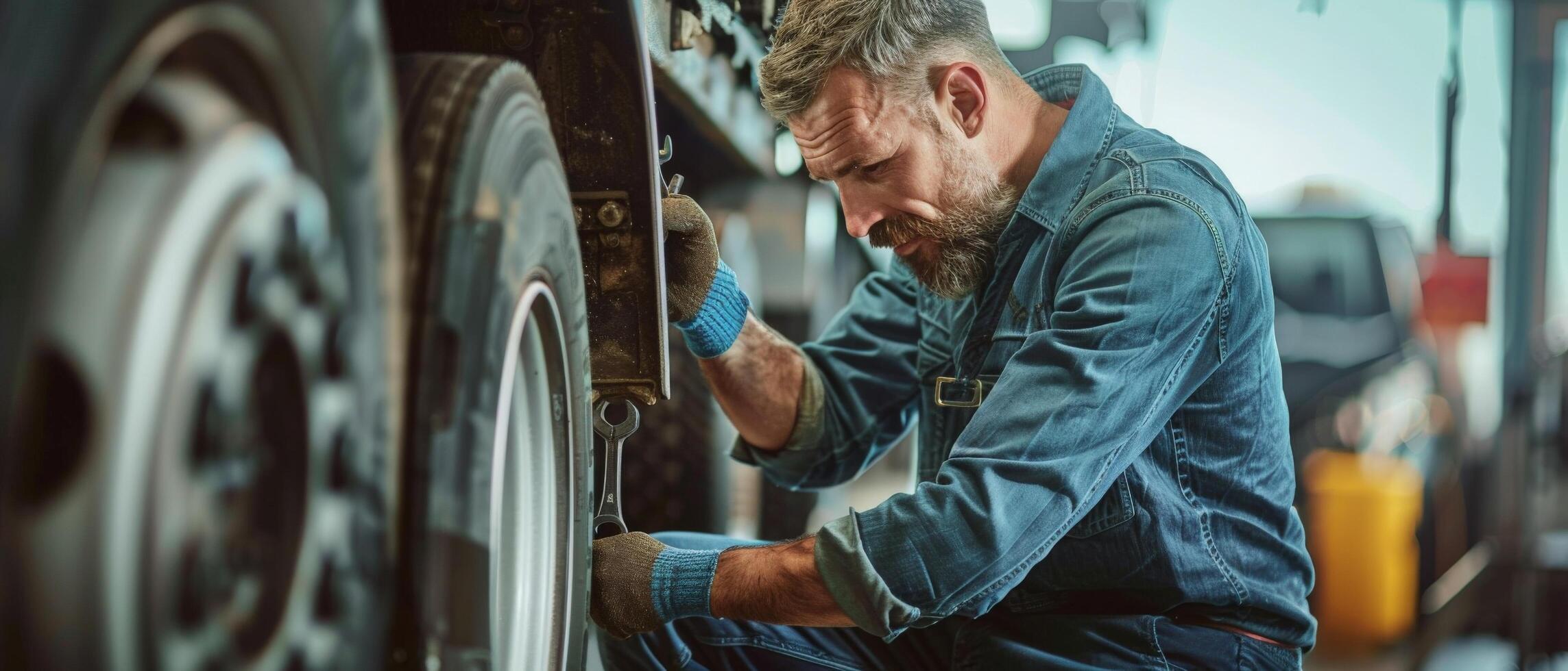 Mechanic working on a truck in a repair shop photo