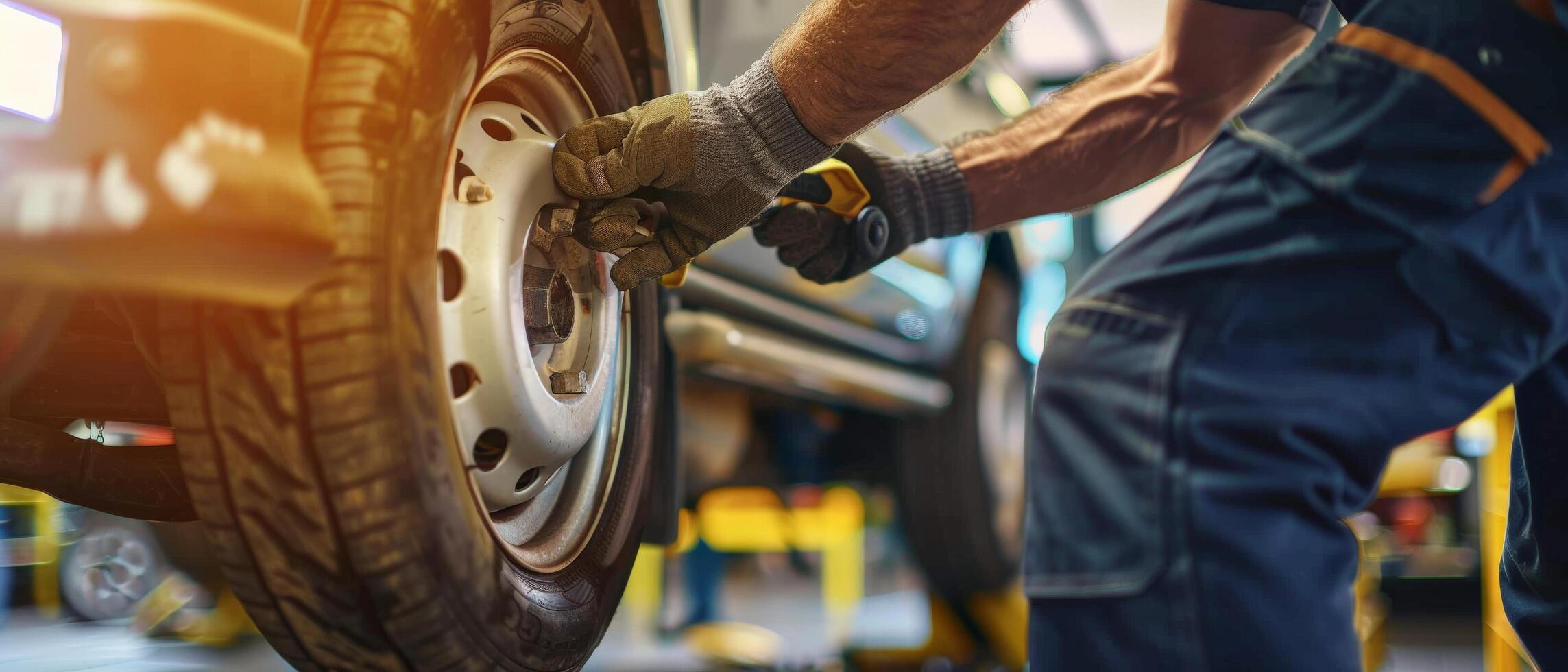 Car mechanic changing a tire with an impact wrench photo