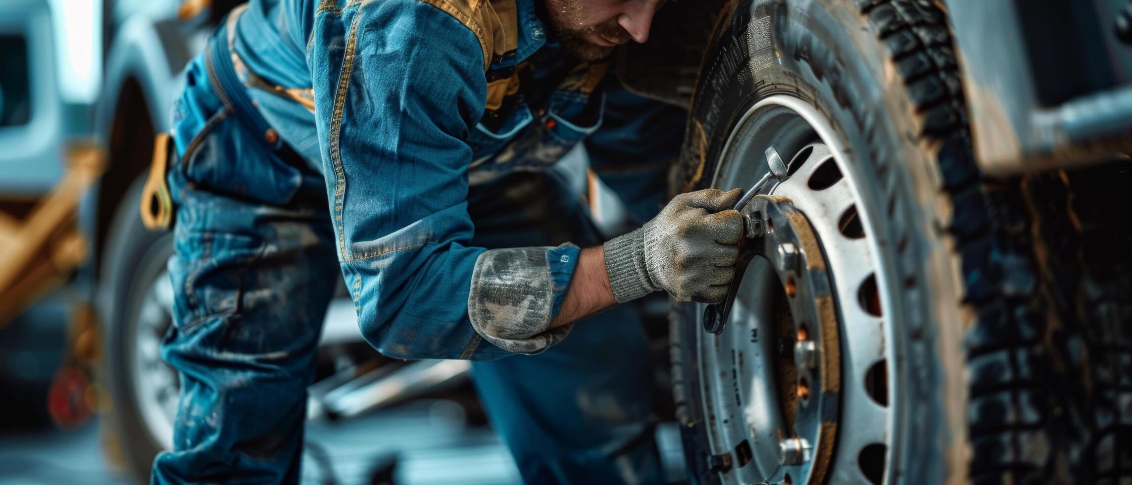 Auto mechanic changing a tire with a wrench. photo