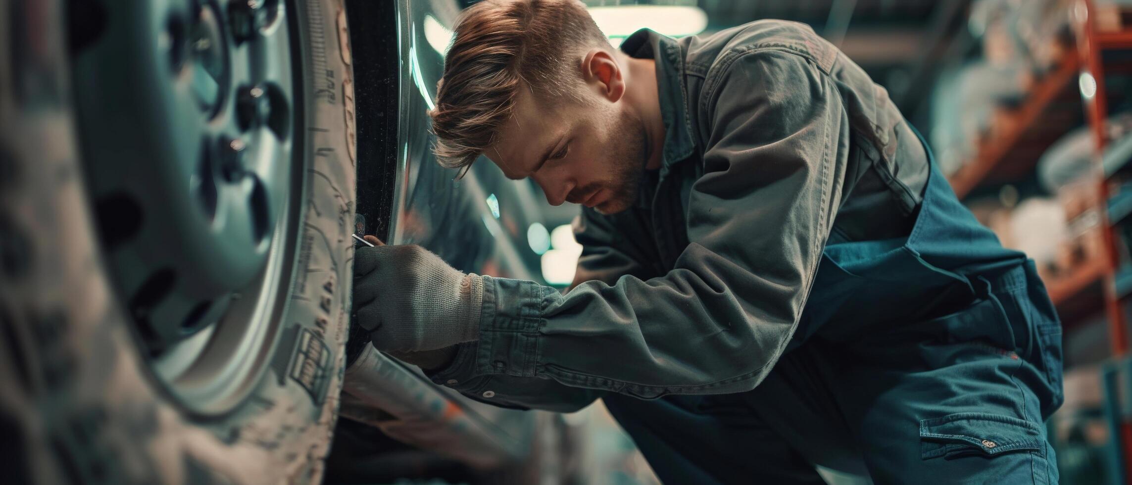 Auto mechanic fixing a car in a garage photo