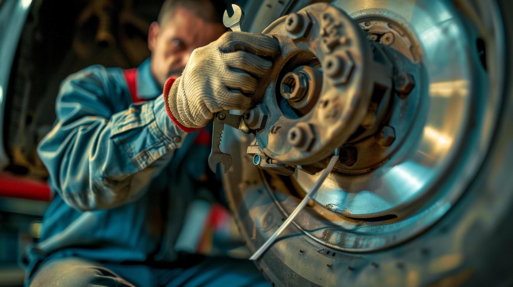 Auto mechanic working on a car brake system photo