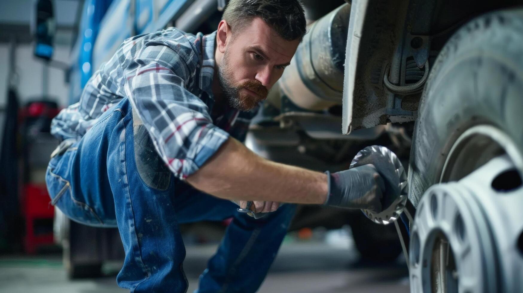 Mechanic in uniform is repairing a semi-truck wheel photo