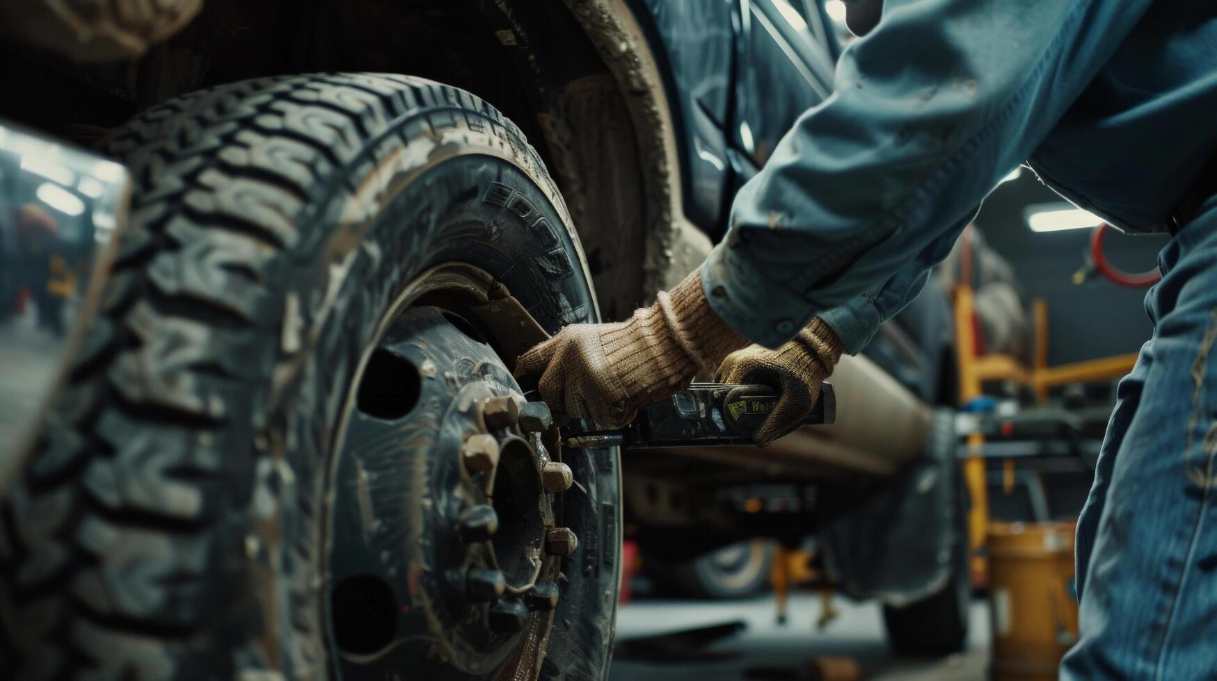 A mechanic in dirty blue overalls changes a tire with a wrench in a car repair shop. photo