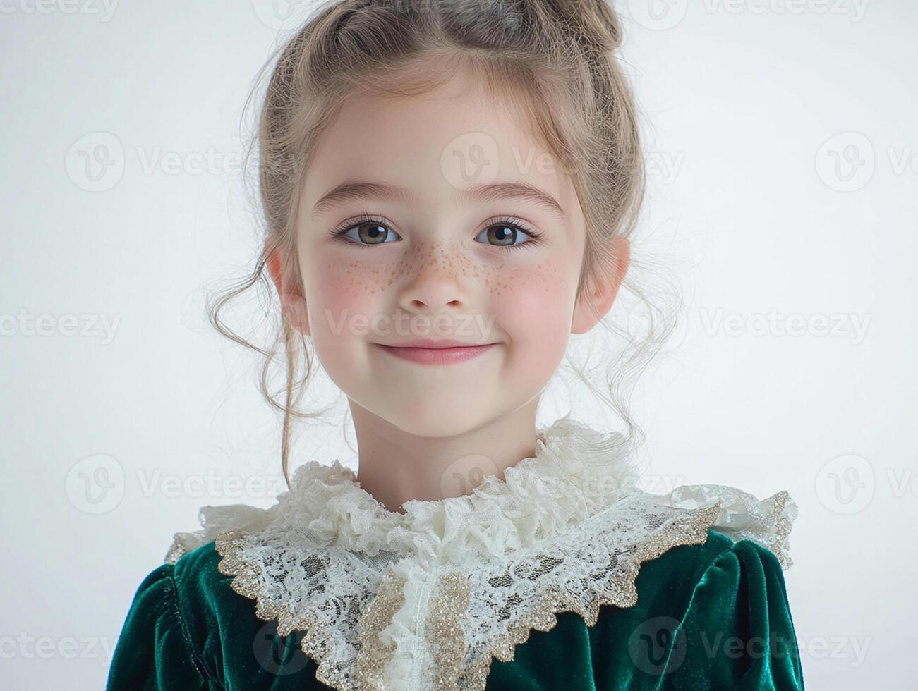 A little girl in a green dress and white collar photo
