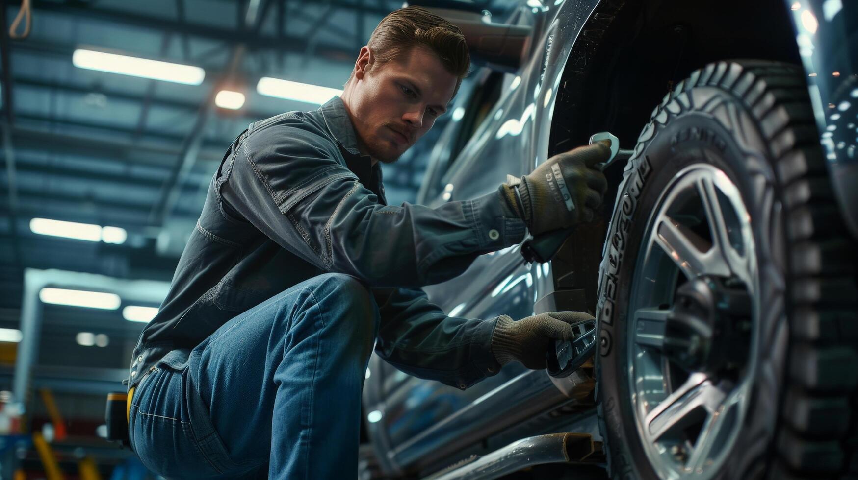 Auto mechanic changing tire in car repair shop photo