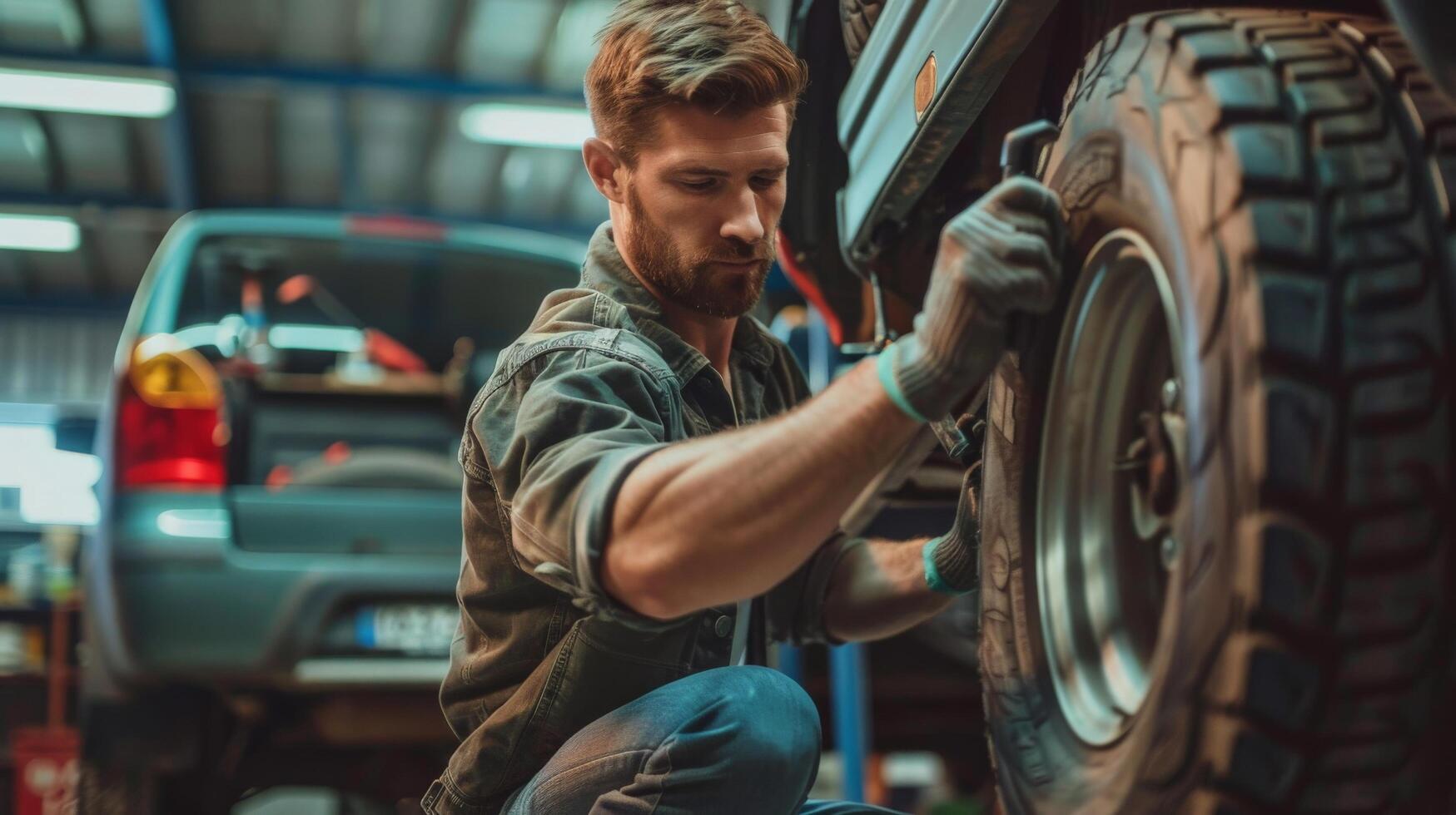Mechanic in uniform changing tire with tire iron photo