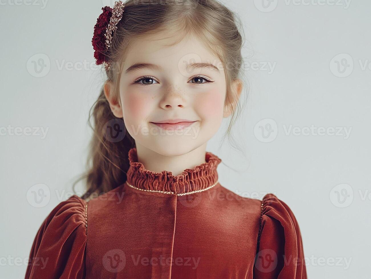 A little girl in a red dress smiling photo