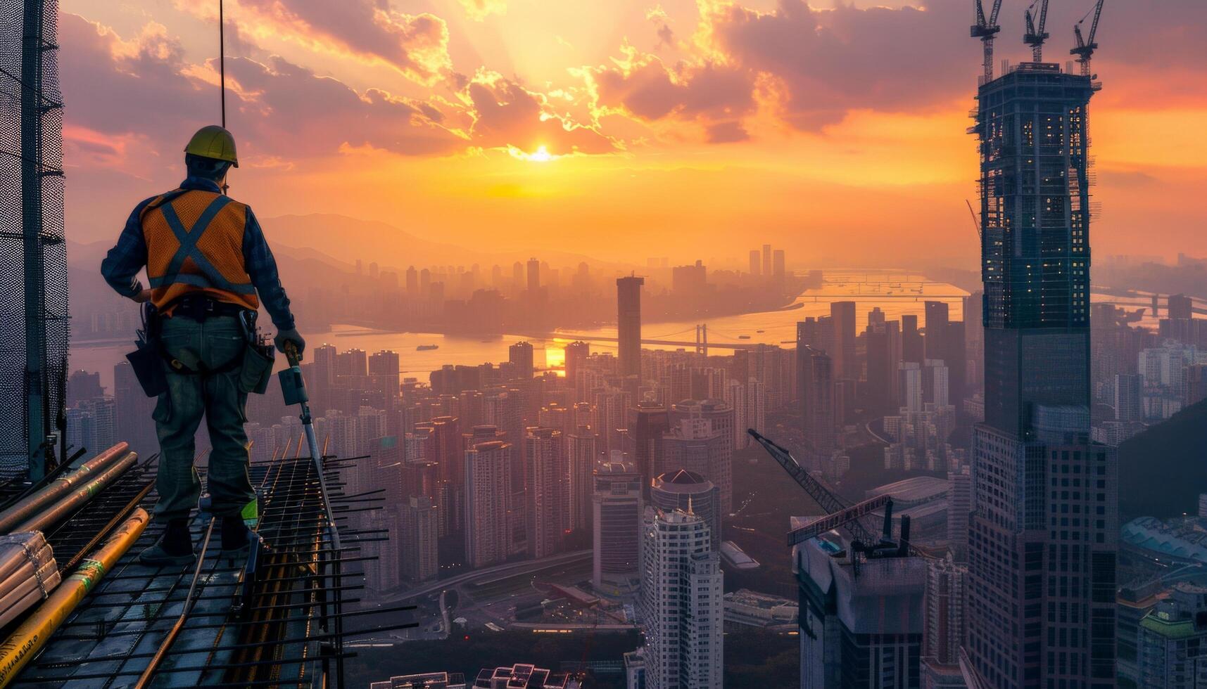 Construction worker standing on a building under construction at sunset. photo