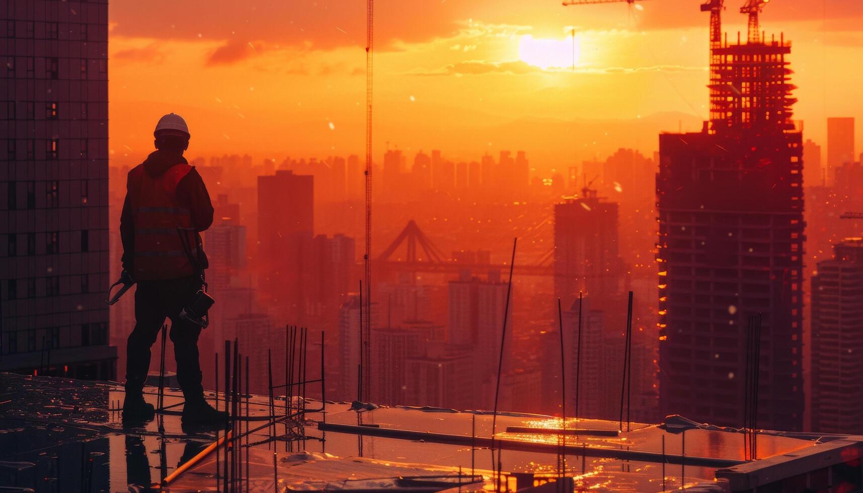 The construction worker is standing on the top of the building and looking at the sunset. photo