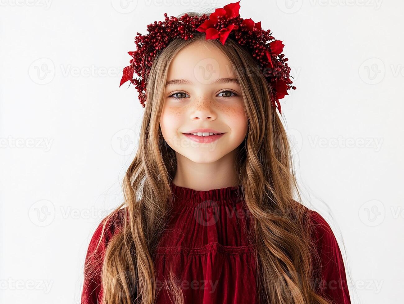 A young girl wearing a red dress and a red flower crown photo
