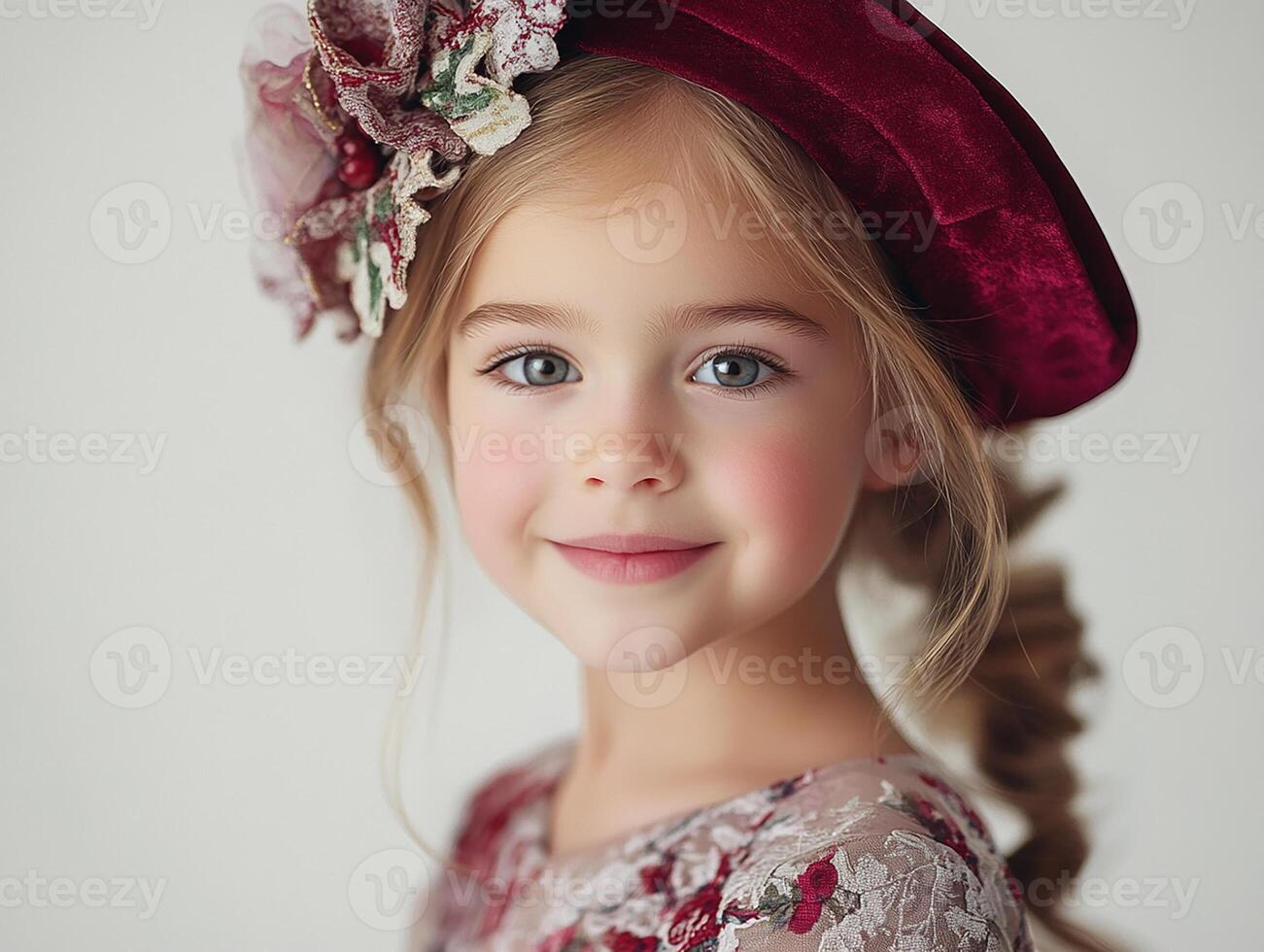 A little girl wearing a red hat and a flower on her head photo