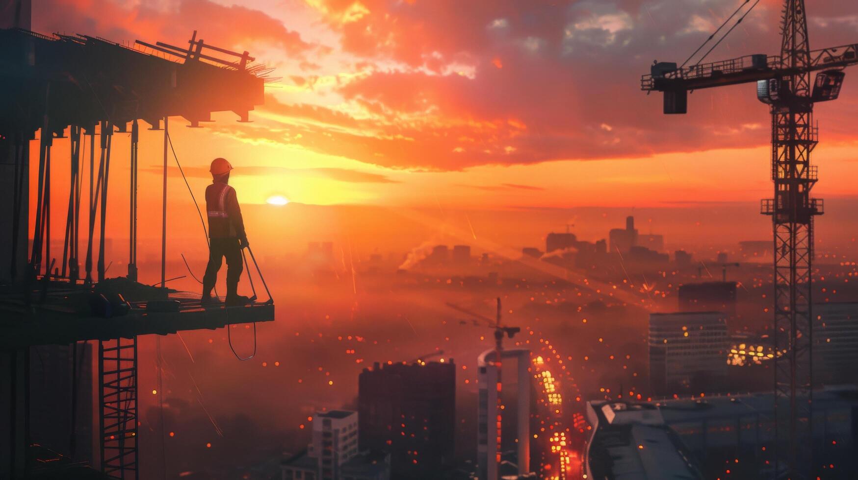 The construction worker is standing on the top of the building and looking at the sunset. photo