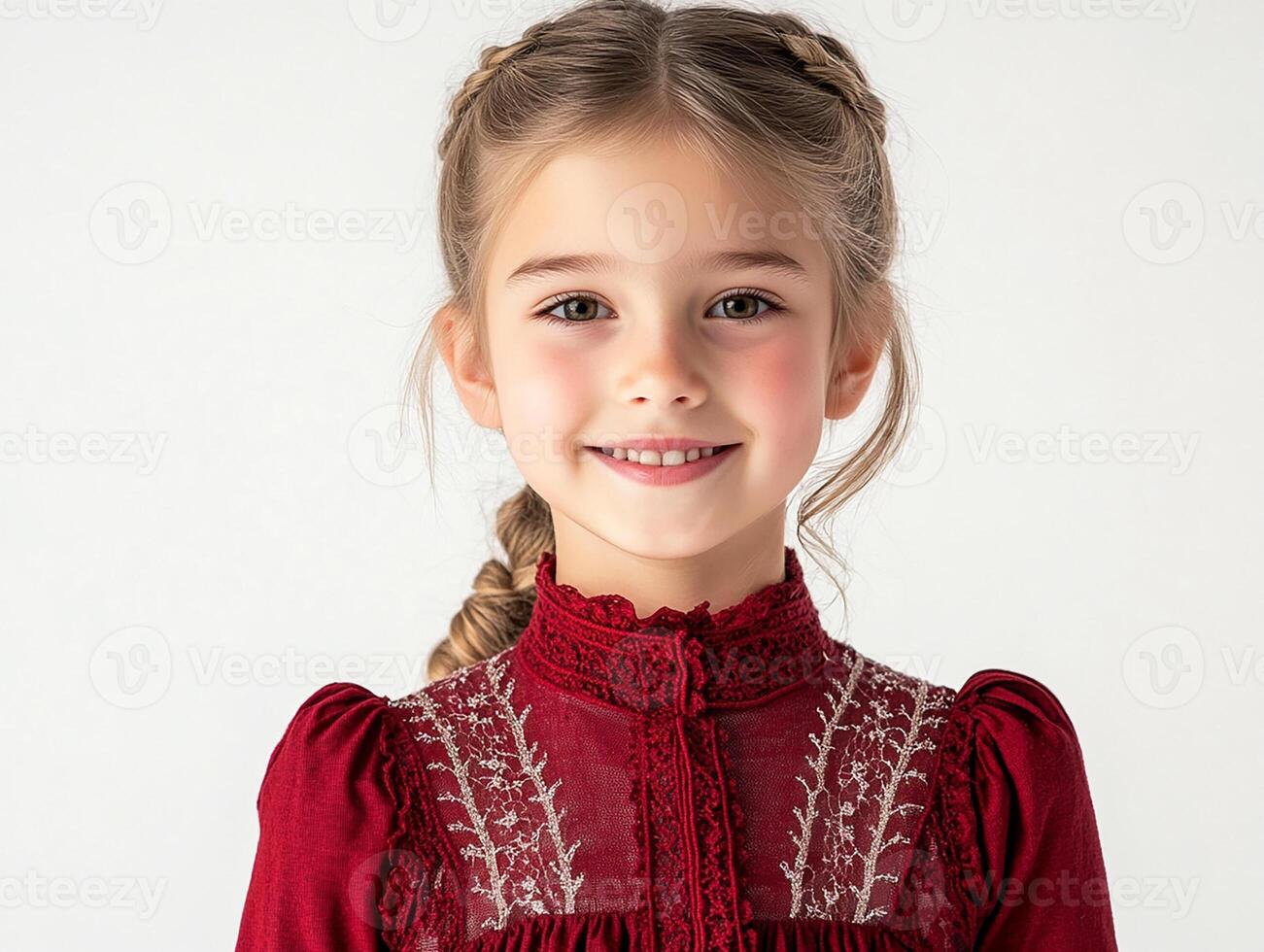 A little girl in a red dress smiling photo