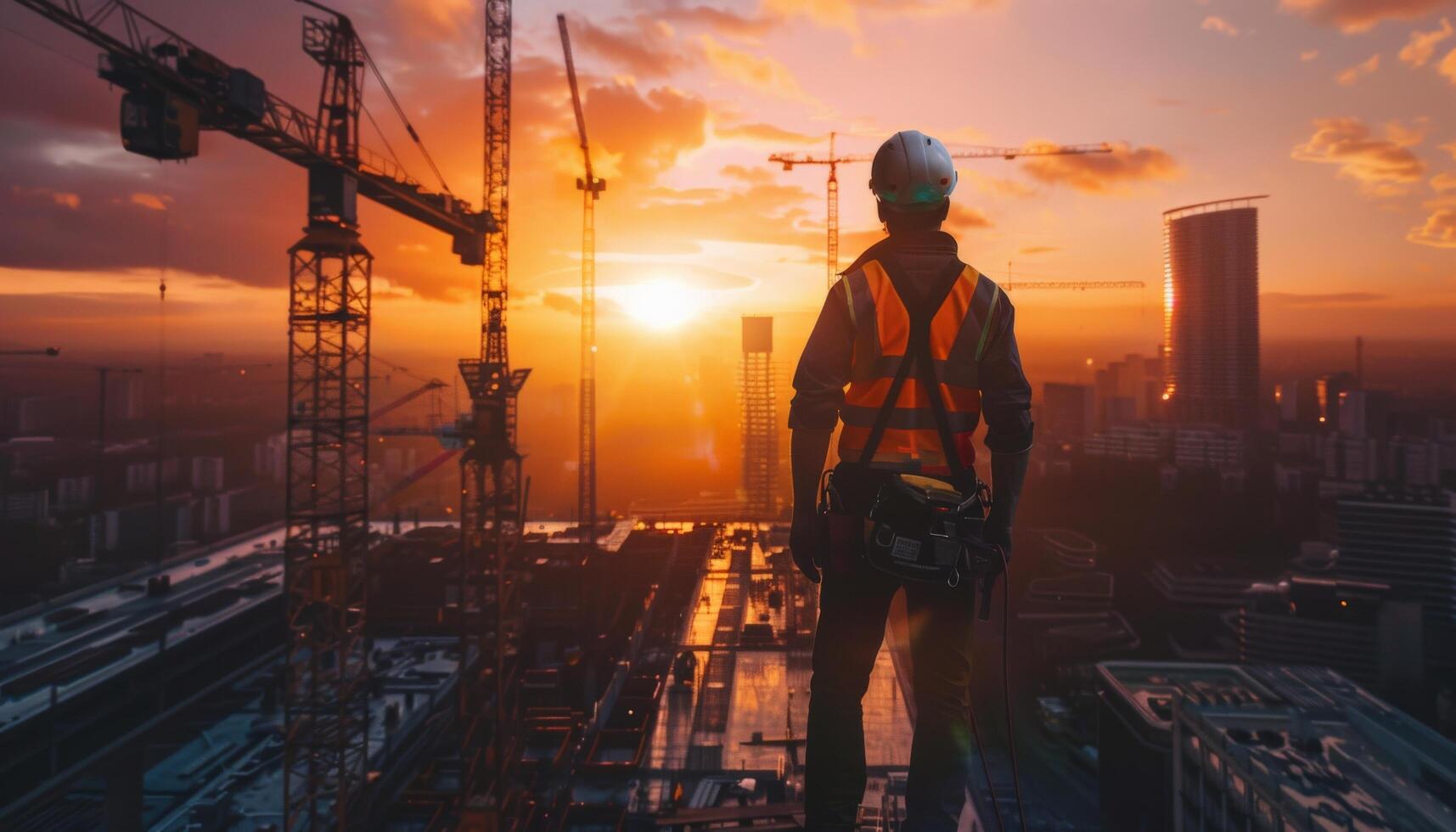 Construction worker standing on a building under construction and watching the sunset. photo