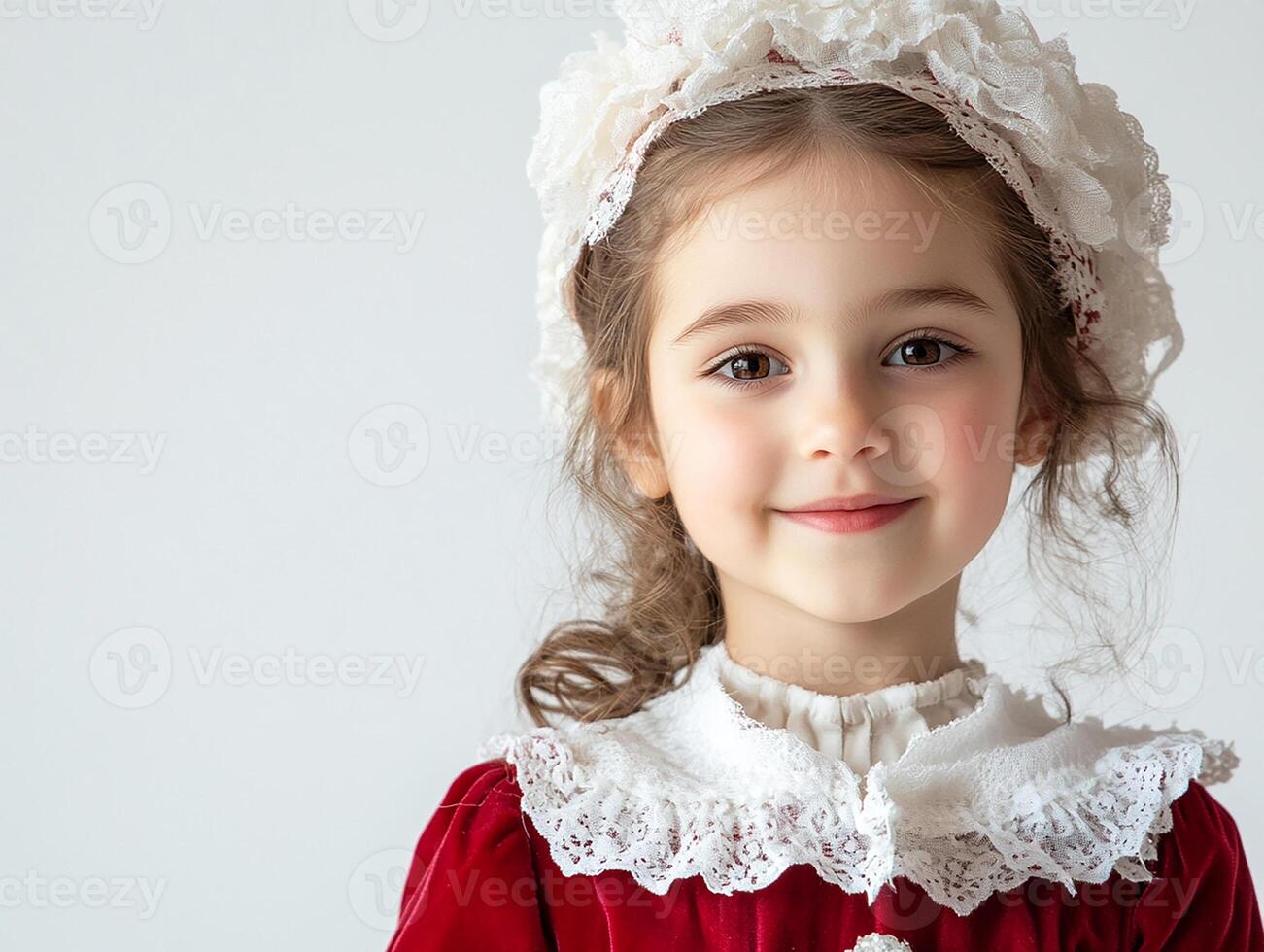 A little girl in a red dress and white bonnet photo