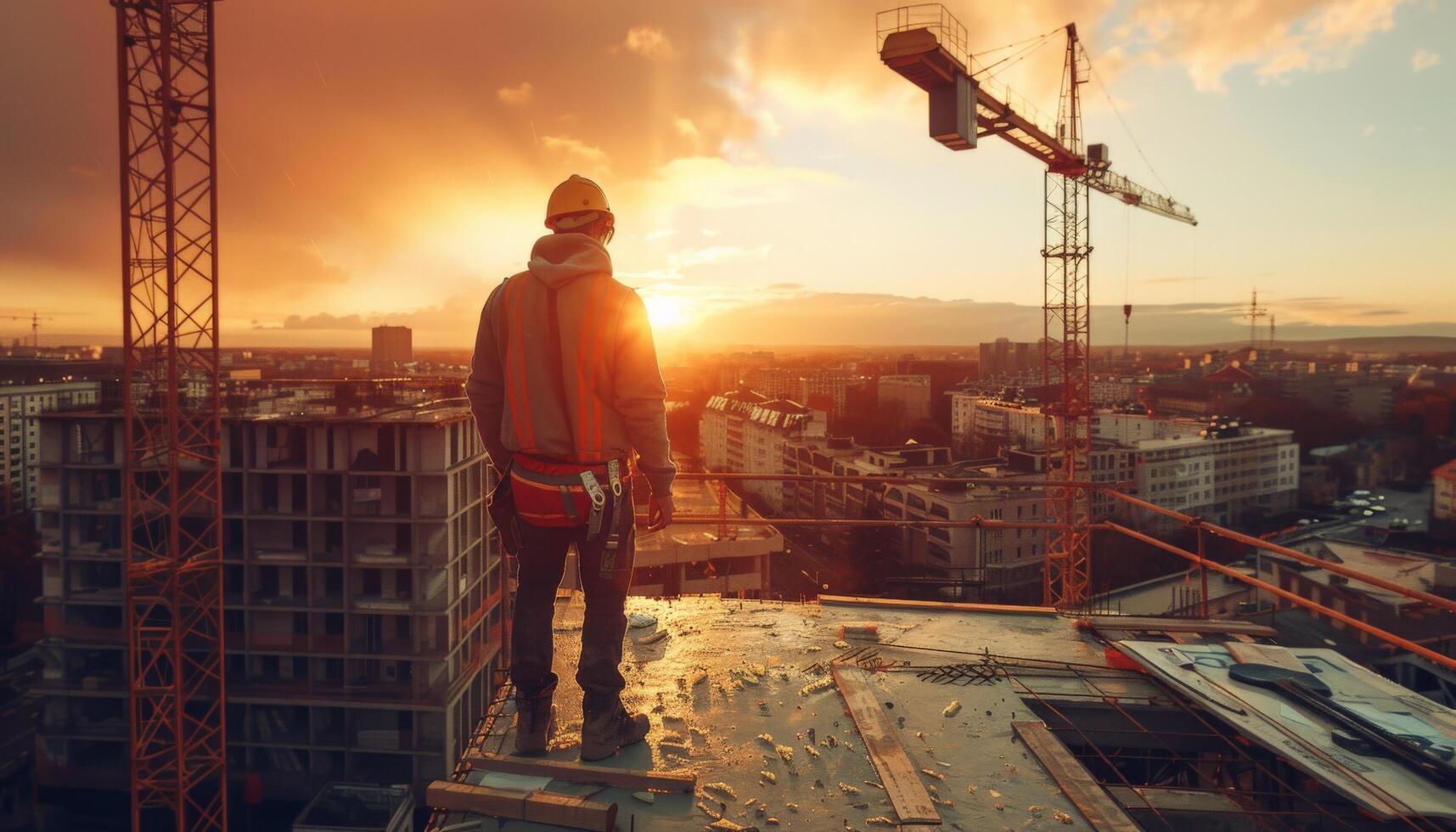 Construction worker standing on a building under construction and watching the sunset. photo