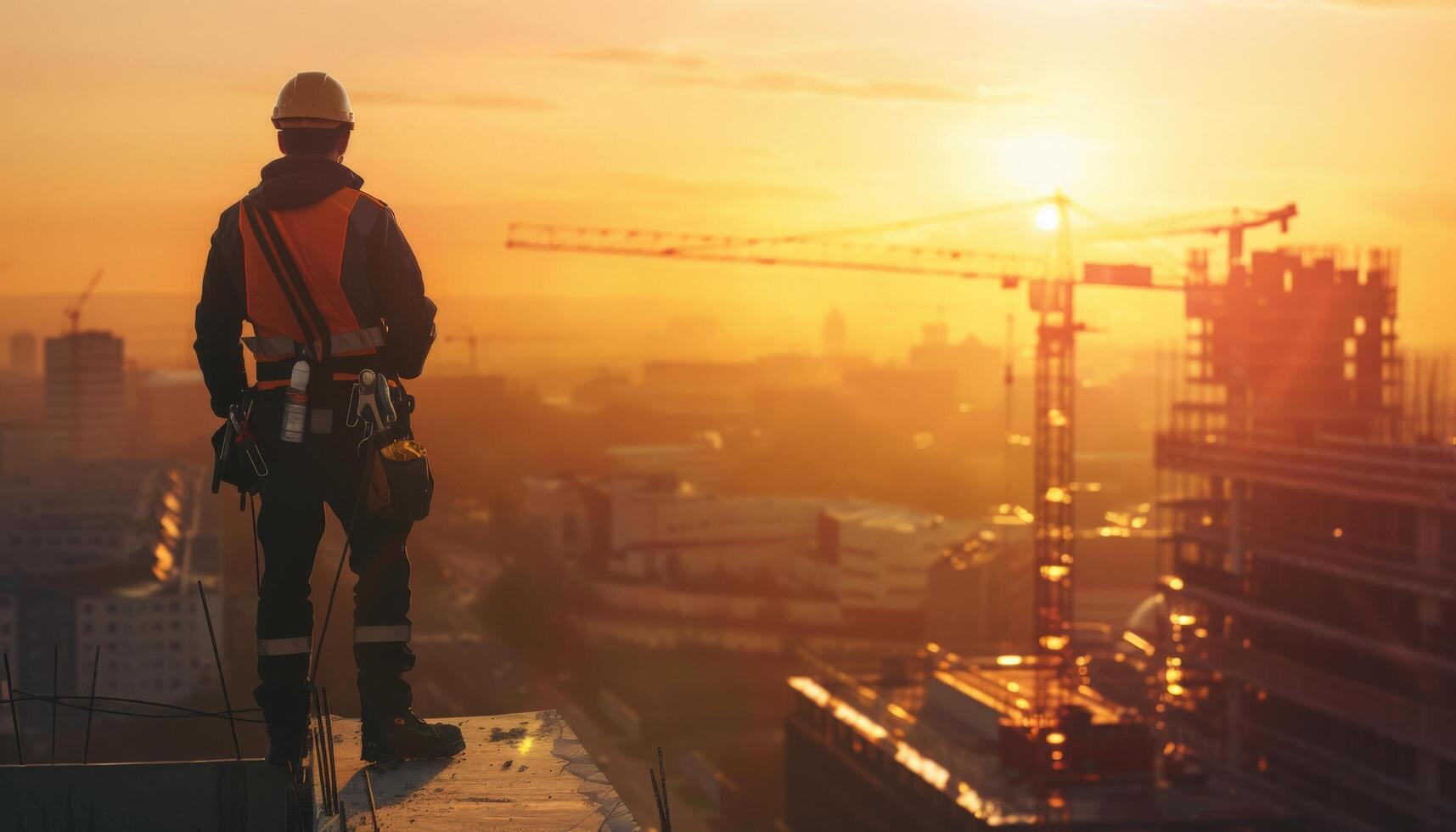 Construction worker standing on the roof of a building under construction and looking at the sunset photo