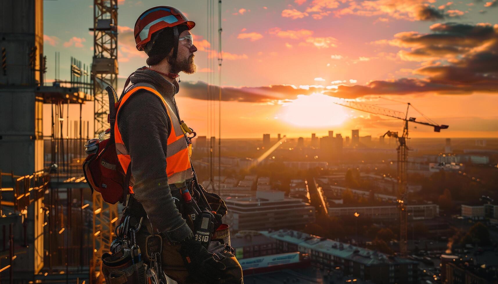 Construction worker standing on a building under construction and looking at the sunset. photo