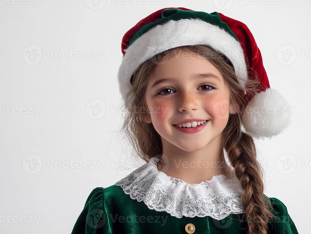 A little girl in a santa hat and green dress photo