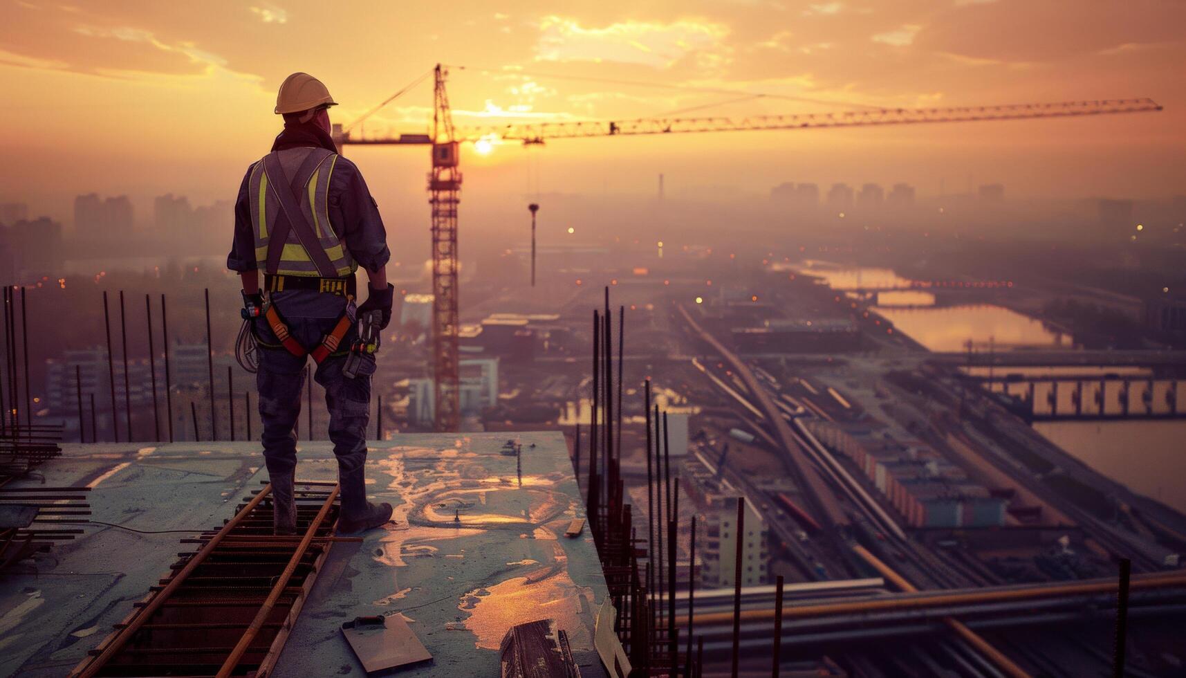 Construction worker standing on the edge of a building under construction and looking at the city photo