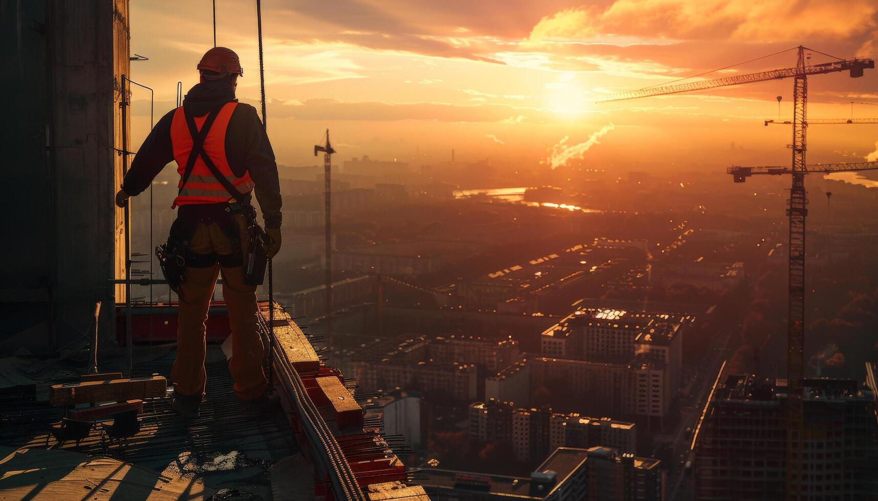 The fearless construction worker is standing on the top of the building and looking at the beautiful sunset. photo