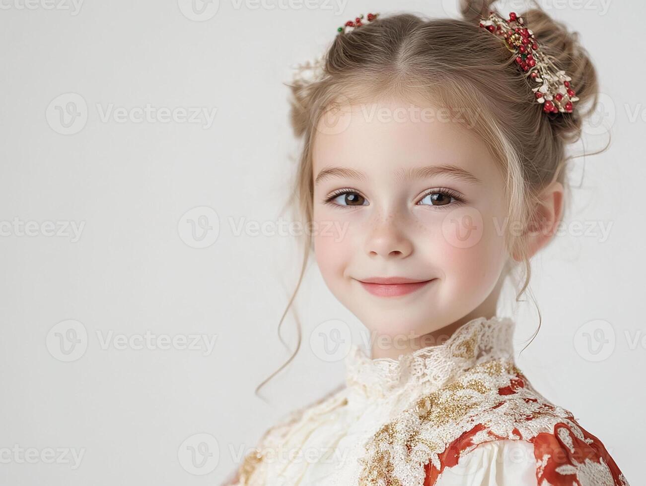 A little girl in a dress with a flower headband photo