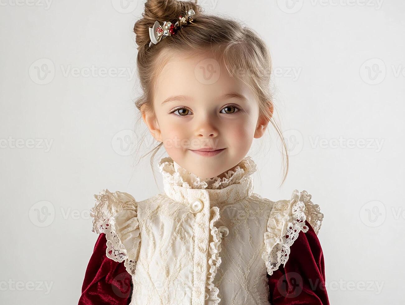 A little girl in a red dress and white jacket photo