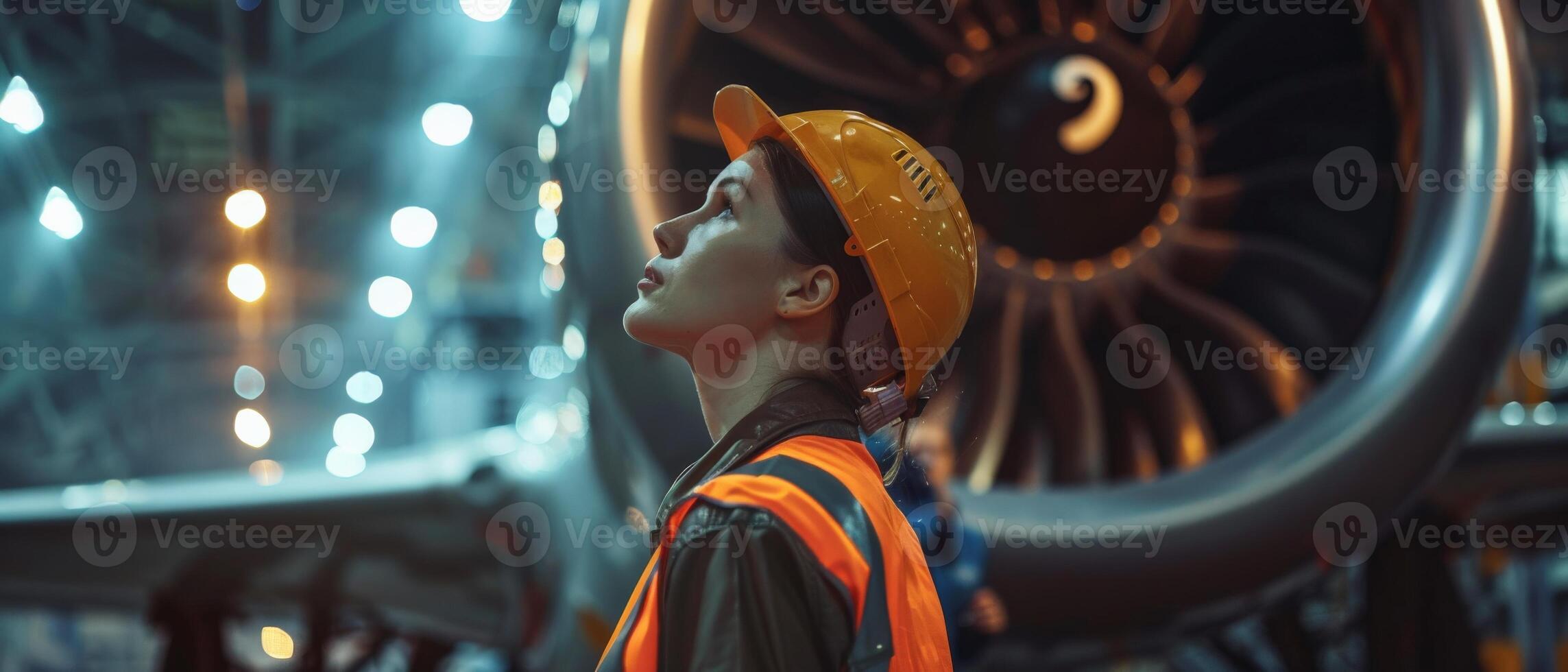 aircraft engine closeup with a female mechanic photo