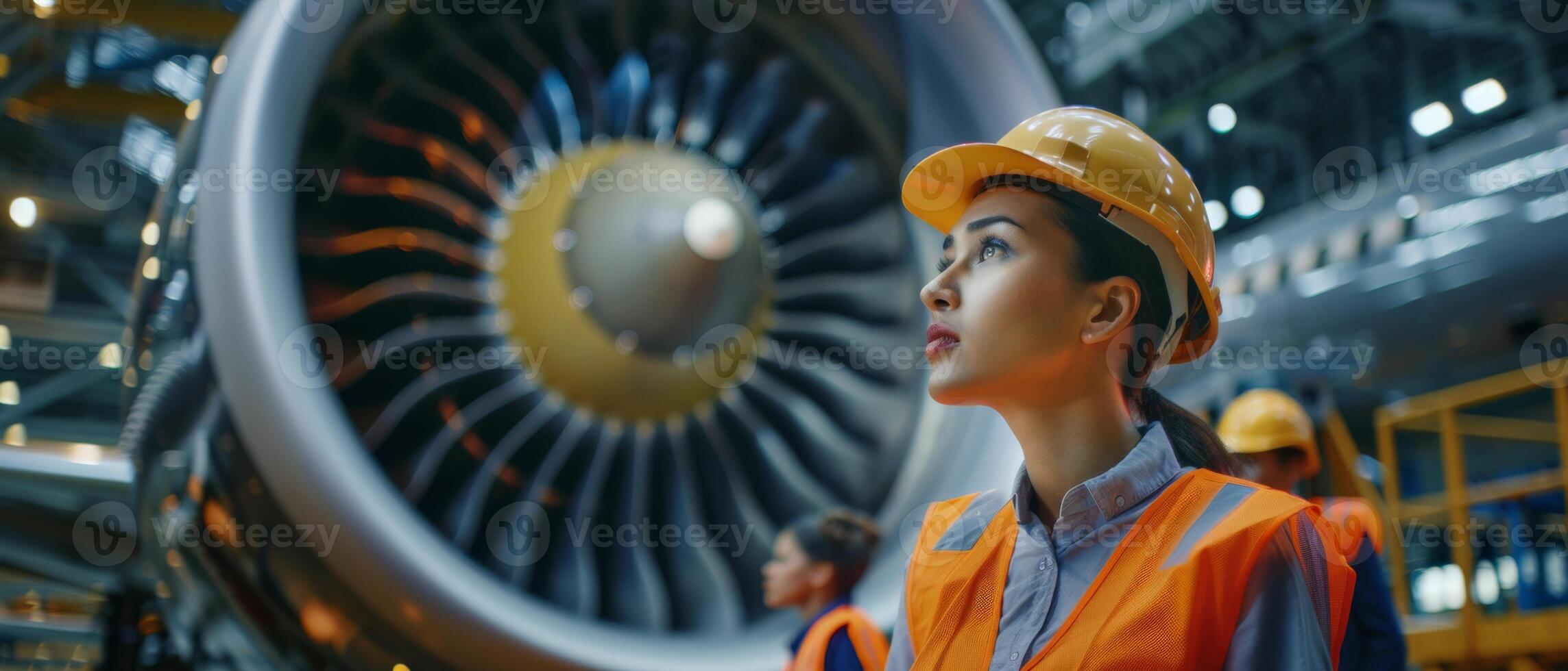 portrait of a confident female engineer in hard hat standing in front of an aircraft engine photo