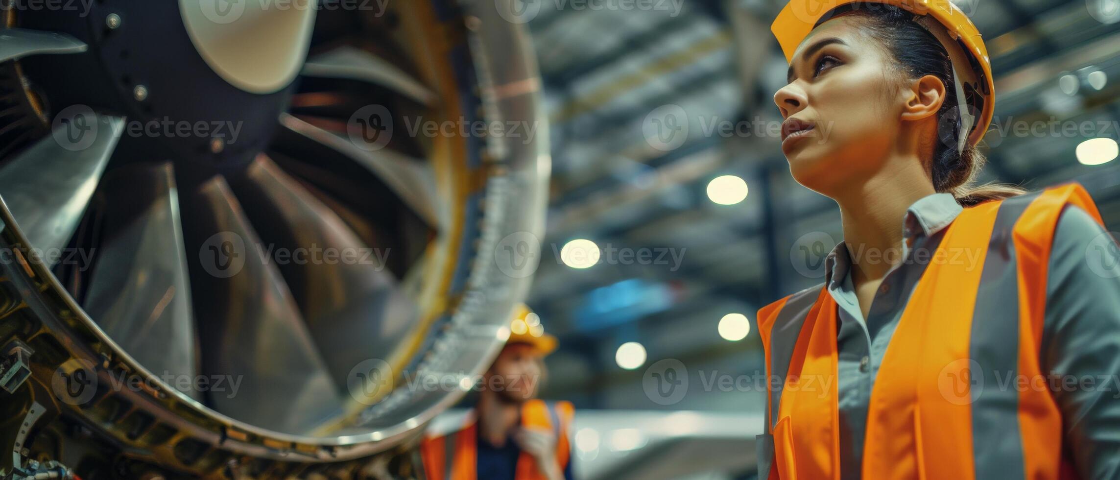 Thoughtful female engineer looking at a jet engine photo