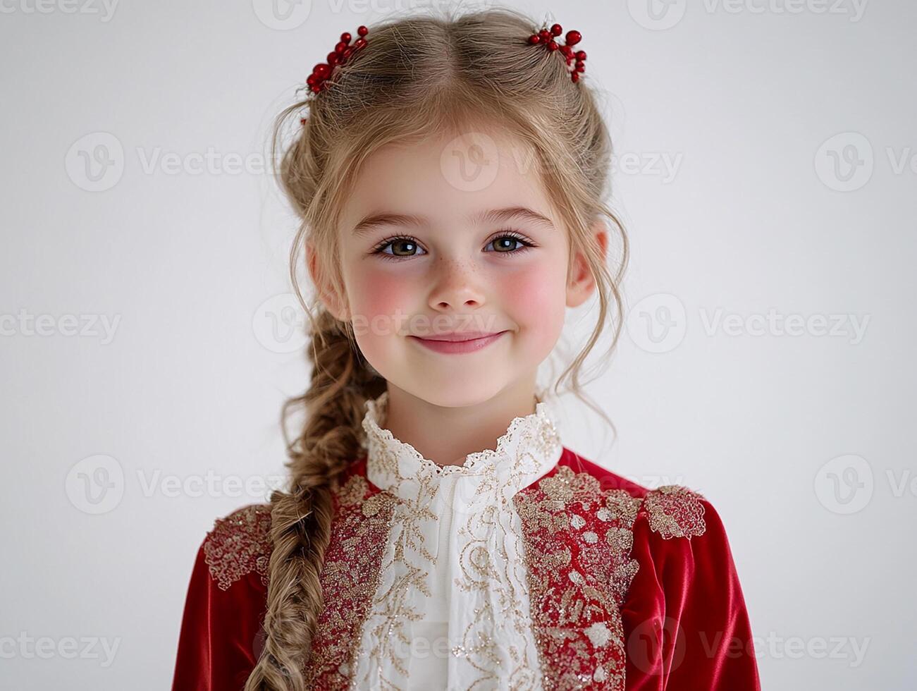 A little girl in a red dress and red hair photo