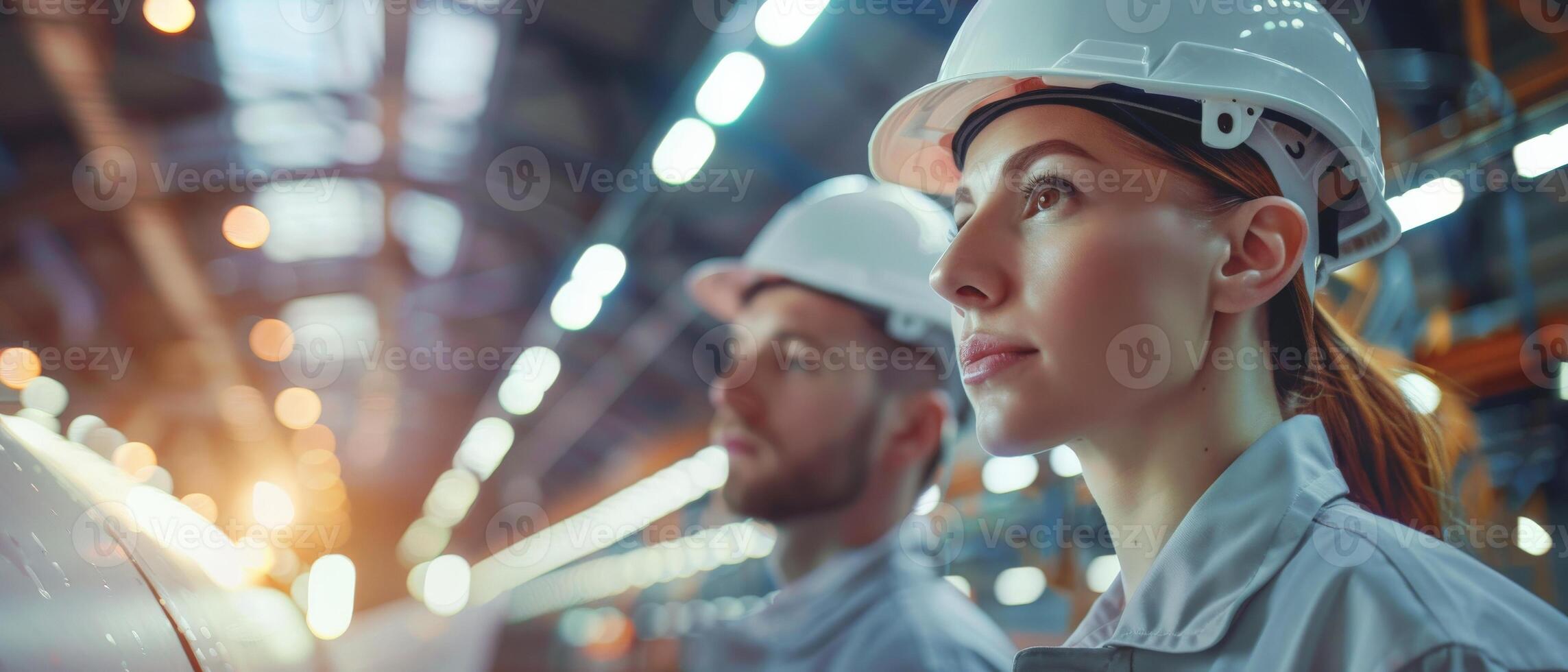 Portrait of two industrial engineers in hardhats at work in a modern factory photo