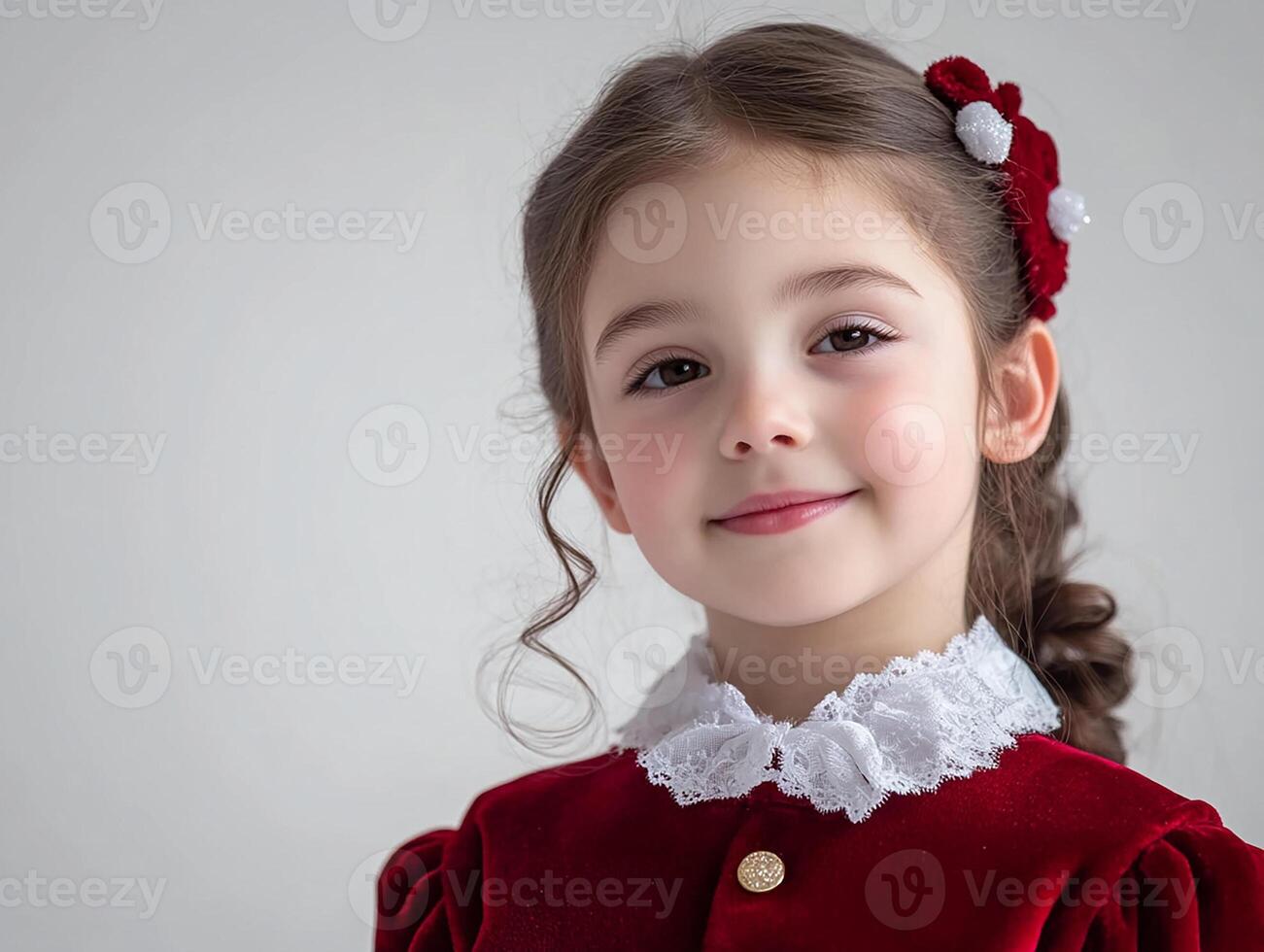A little girl in a red dress with a bow photo