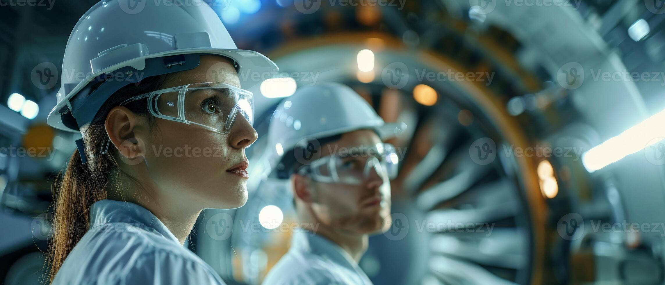 Two engineers in hardhats and safety glasses looking at the the jet engine. photo