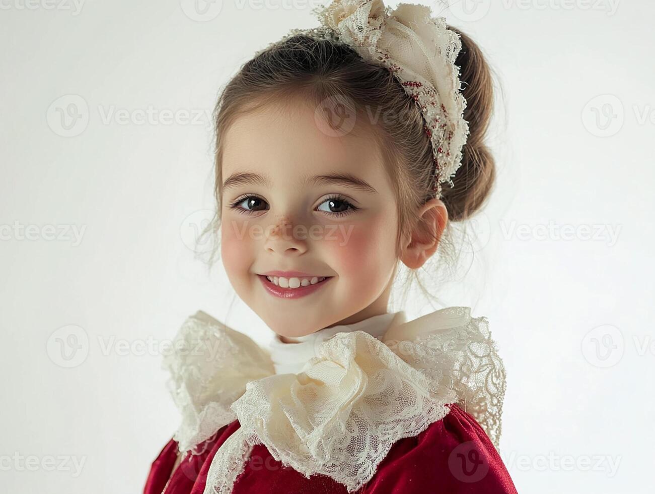 A little girl in a red dress and white bow photo