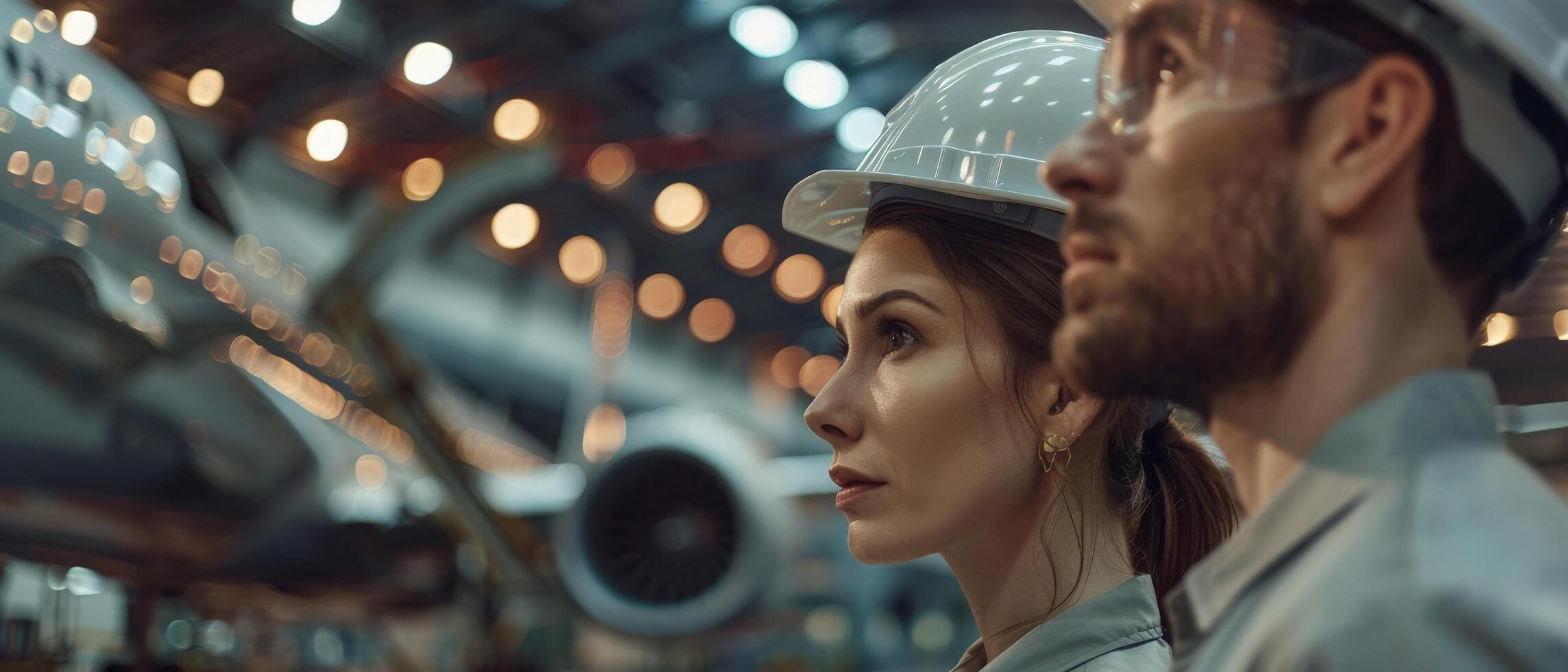 Two engineers in hardhats looking at the in the factory. photo