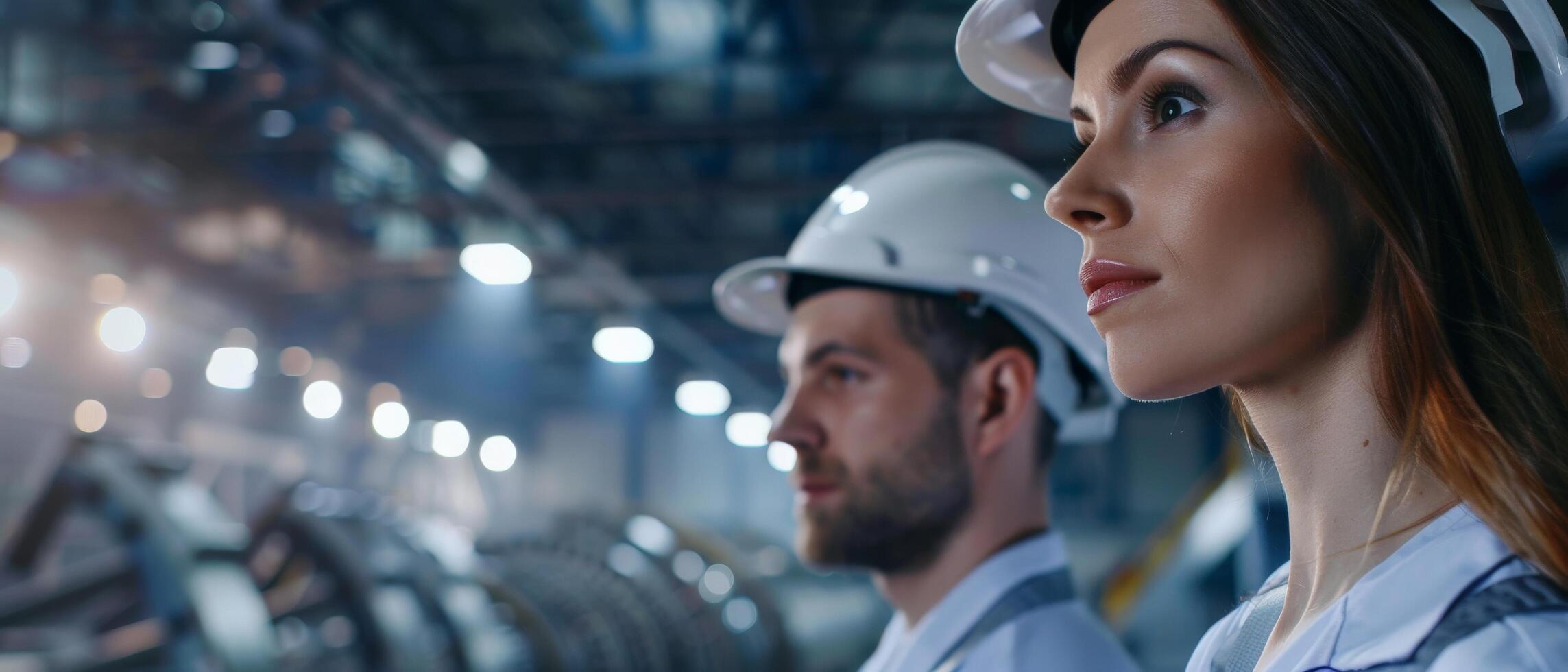Portrait of two industrial engineers in hardhats at a modern factory photo