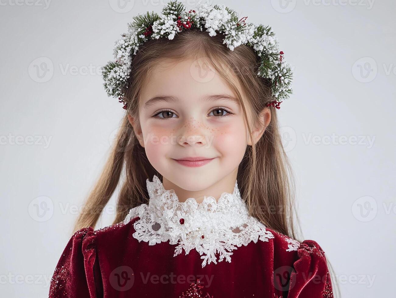 A little girl wearing a red velvet dress and a wreath photo