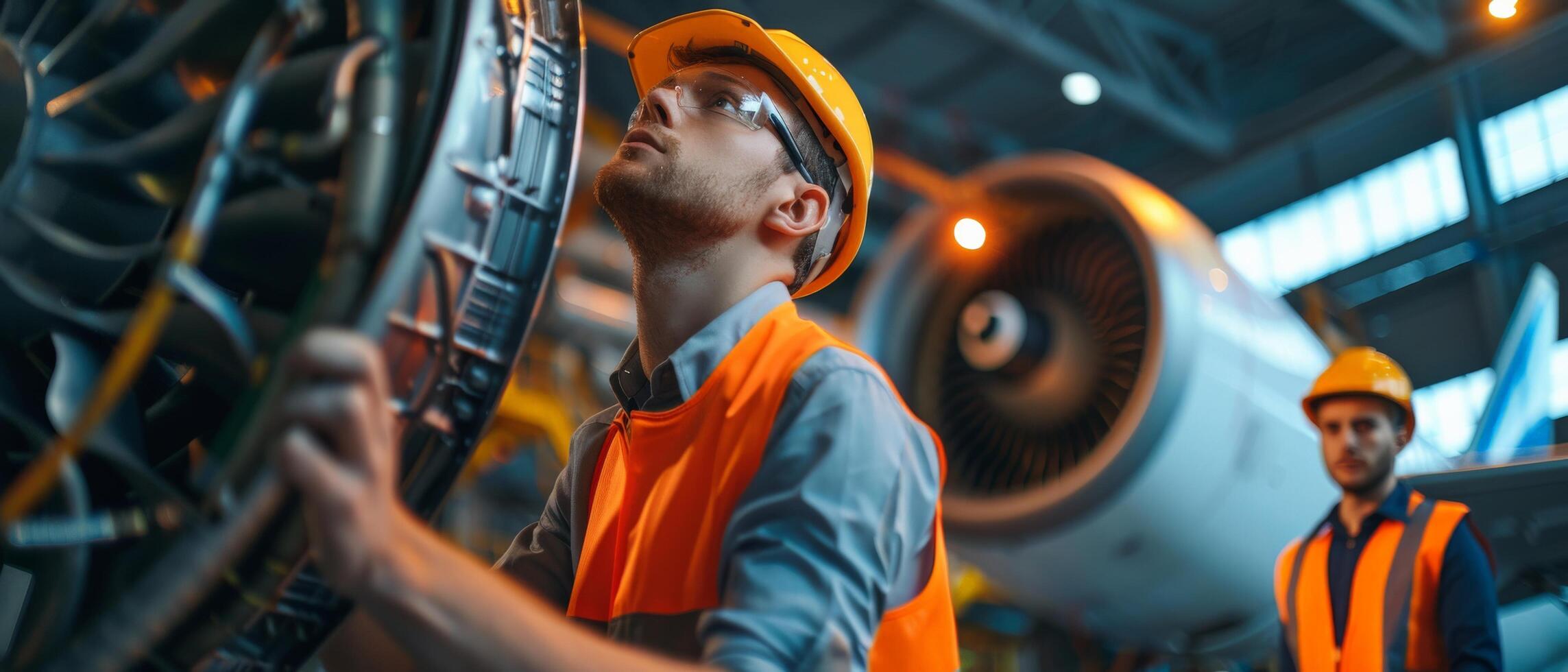 Two engineers in hard hats and safety vests are working on a jet engine. photo