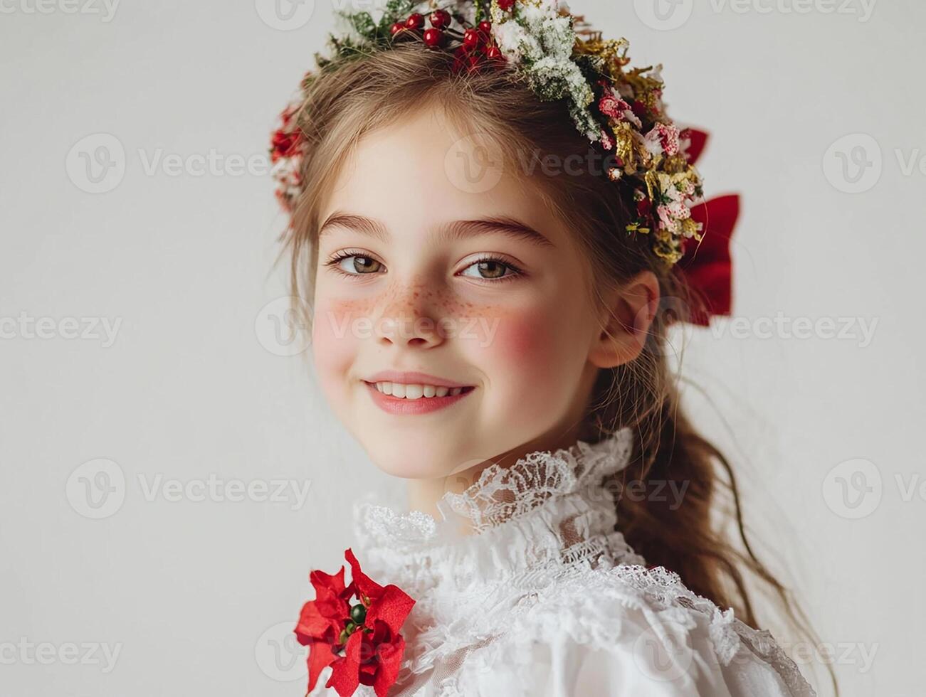 A little girl in a christmas dress with a wreath on her head photo