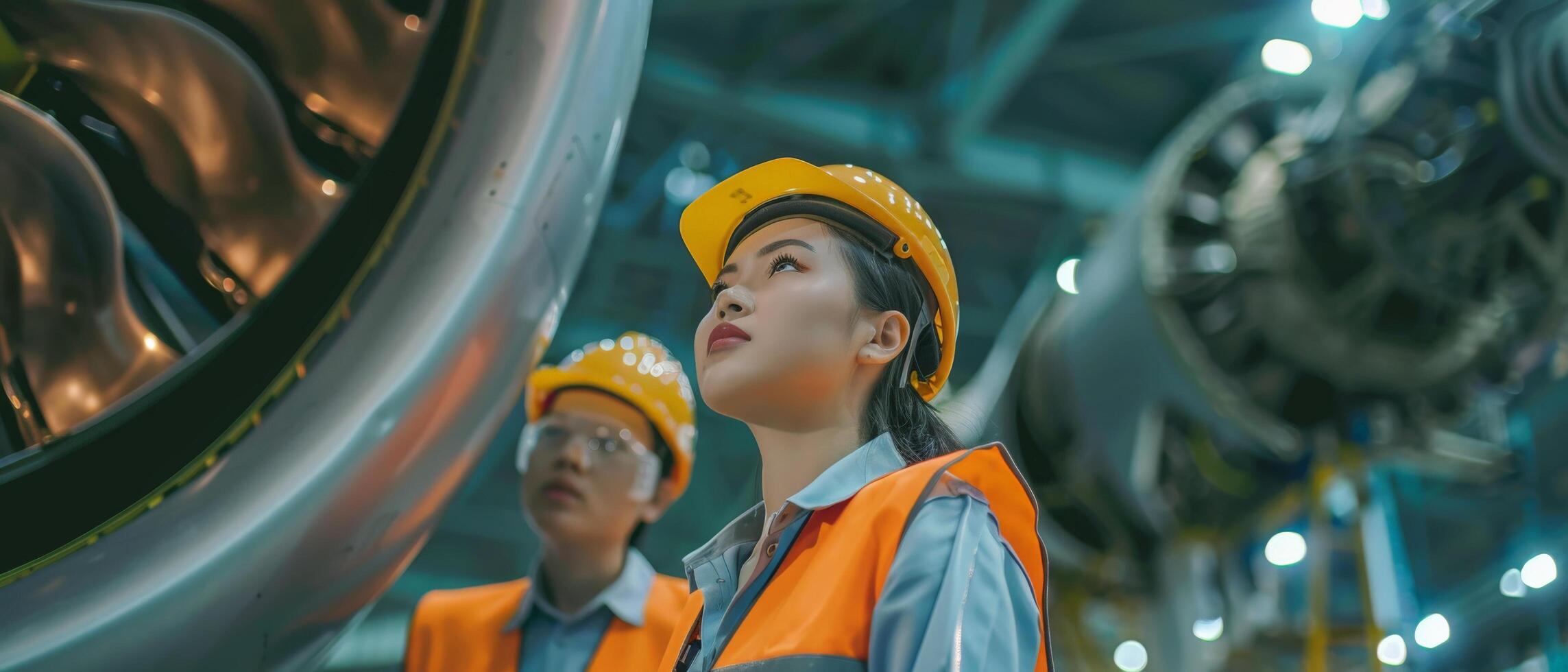 Two engineers, a man and a woman, inspect a jet engine. photo