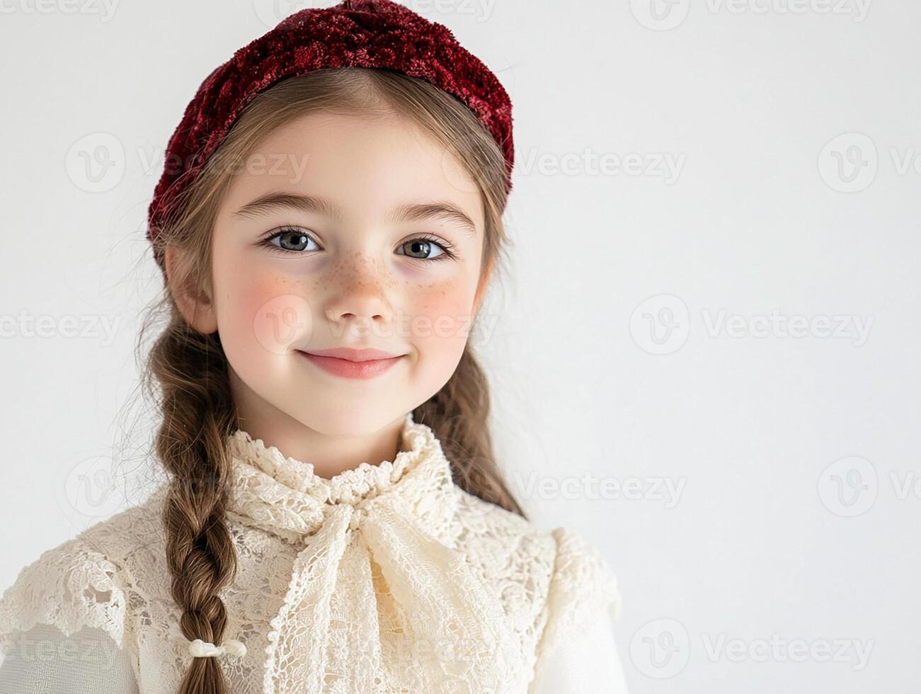 A little girl wearing a red velvet hat and white lace photo