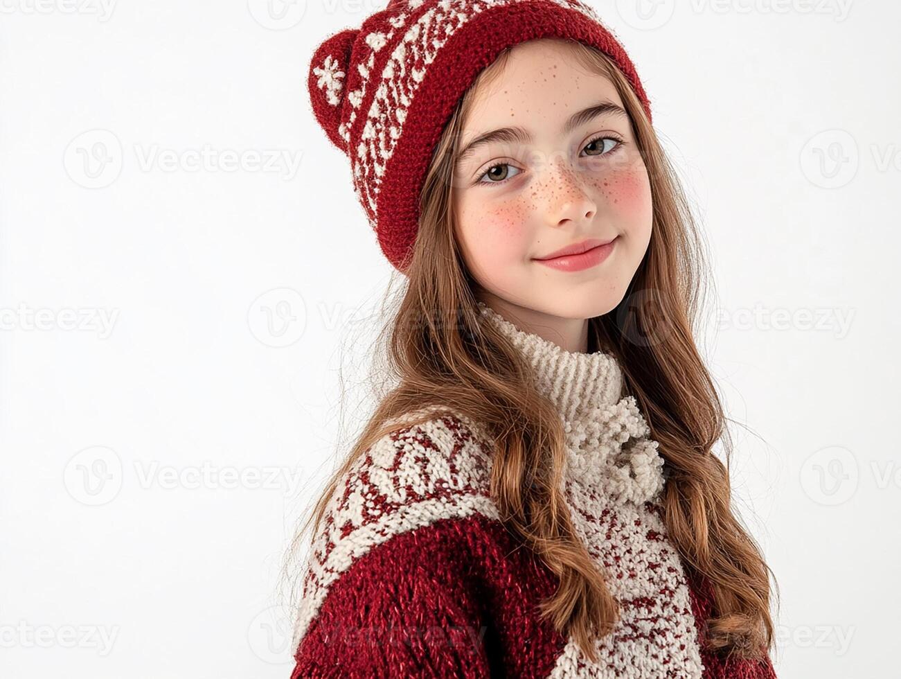 A young girl wearing a red and white knitted hat photo