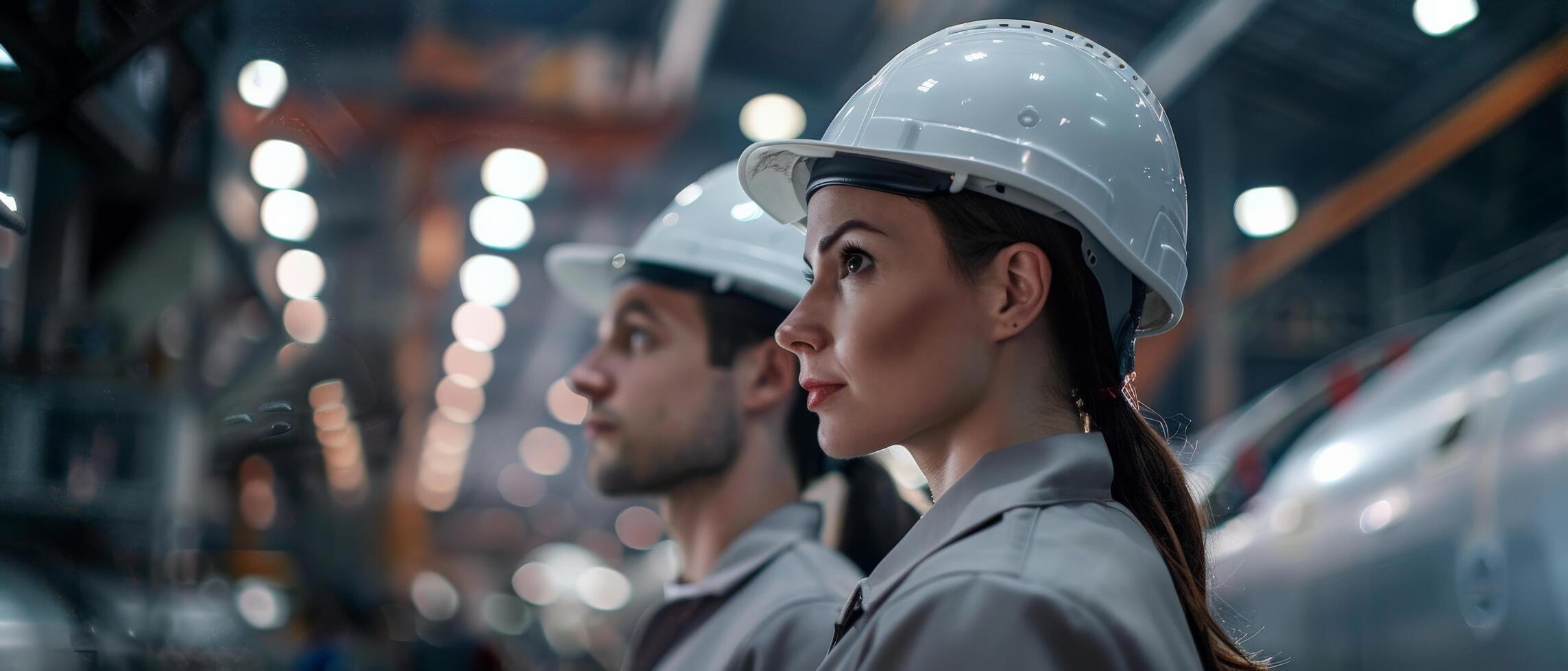 Two engineers in hardhats looking at the production line. photo