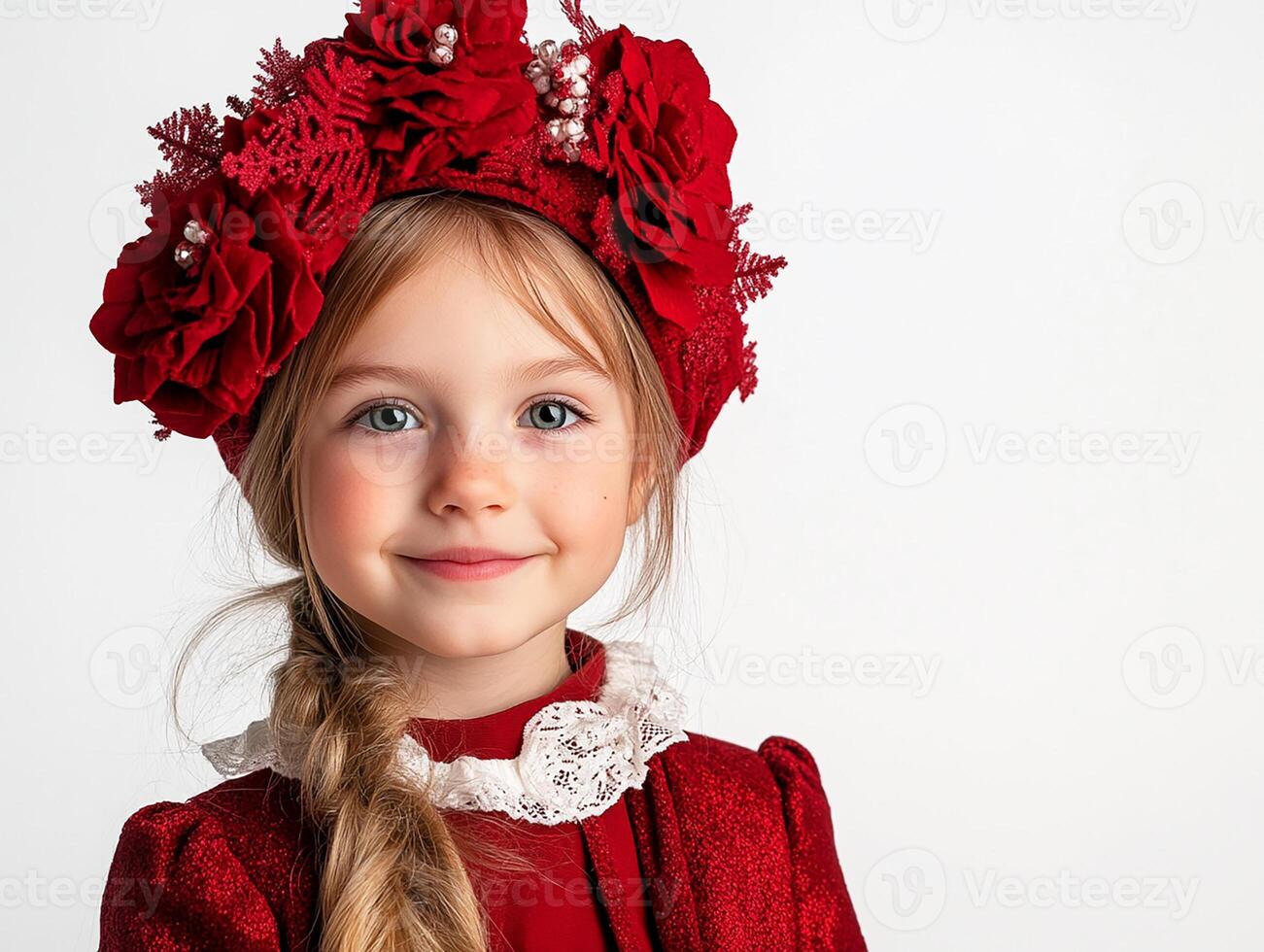 A little girl in a red dress and red hat photo